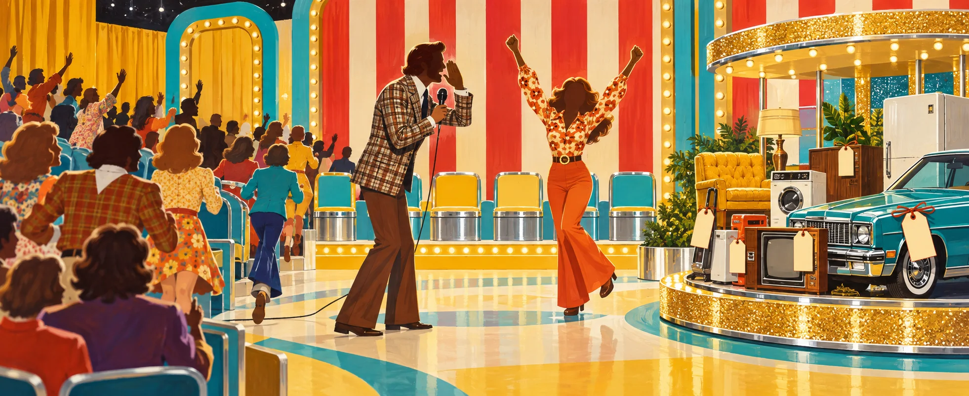 Illustration of a 1970s game-show studio in red and blue stripes, a contestant in flares running down the aisle with arms raised as the crowd cheers, prizes and a car on a glittering turntable.