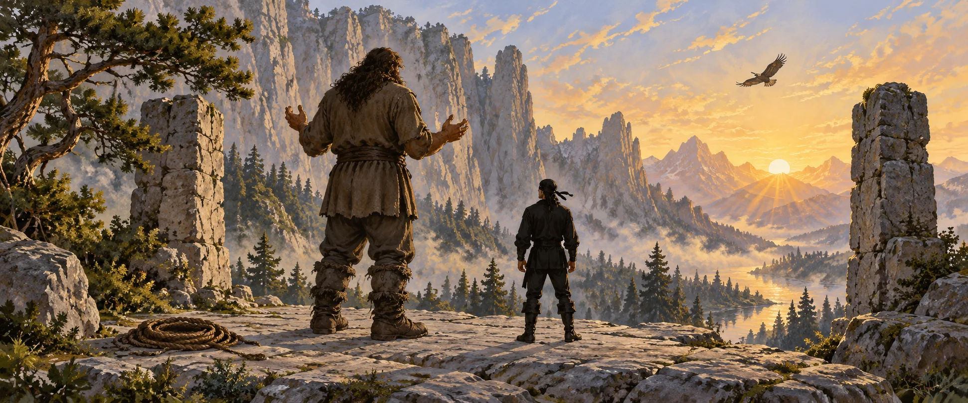 A giant and a man in black stand on a clifftop above a misty valley at sunrise.