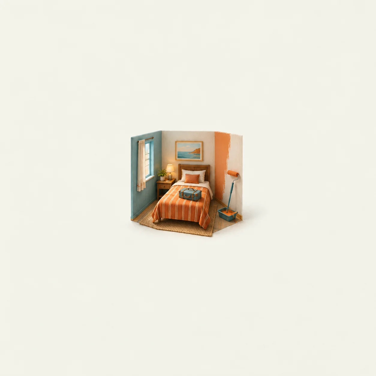 A miniature hotel bed with an orange striped spread, a suitcase and a paint roller.
