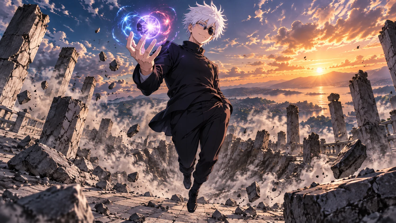 Anime illustration: a white-haired young man in dark glasses and a black high-collared uniform floats smiling above shattered stone pillars, a swirling blue and purple energy orb hovering over his open palm as the sun sets over a bay.