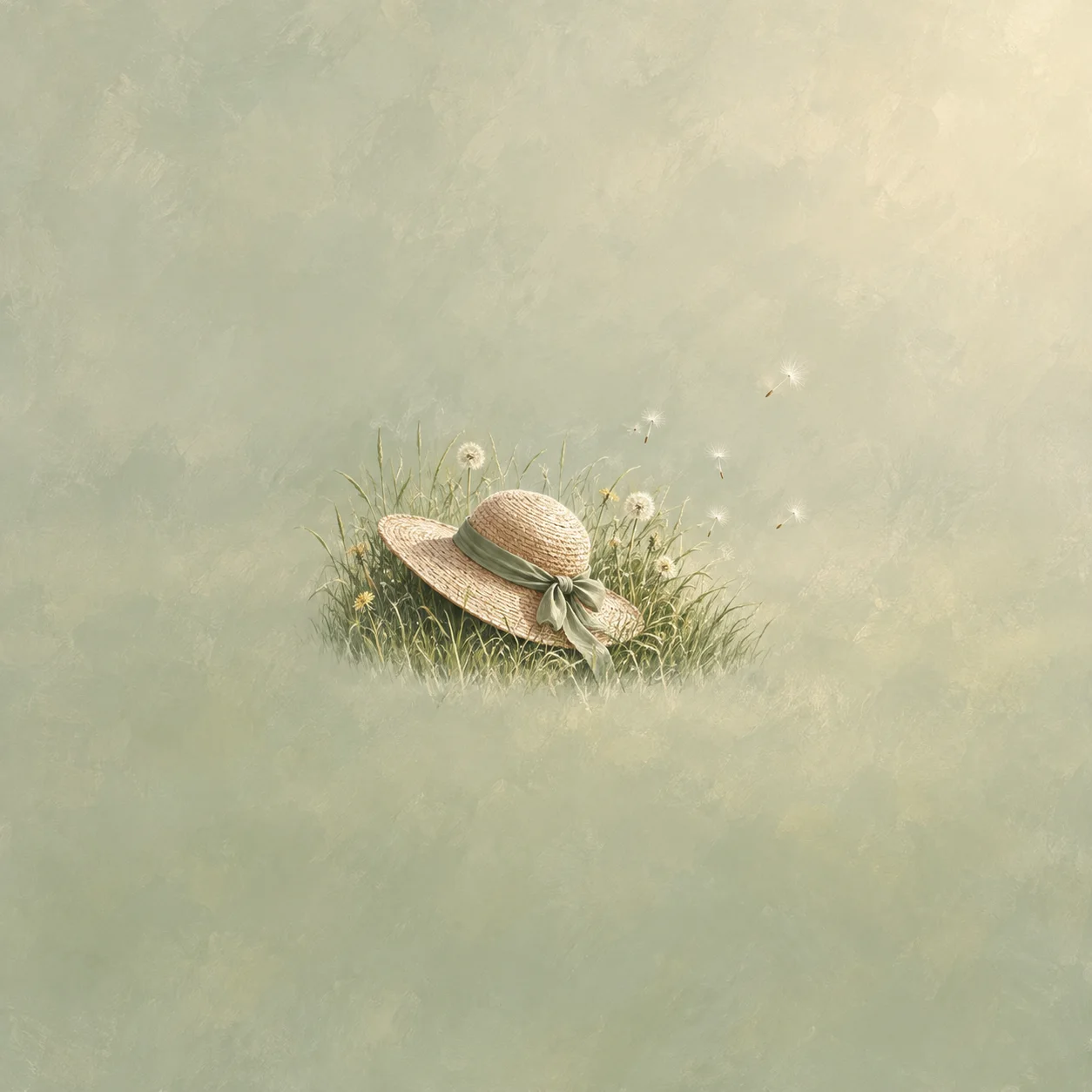 A straw hat with a pale green ribbon rests among grass and dandelions, with loose seeds drifting nearby.