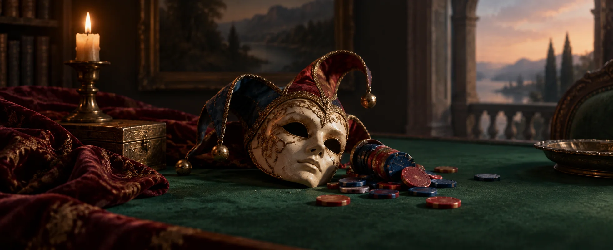 An ivory jester mask with a red and blue cap lies beside scattered counters on a green felt table.