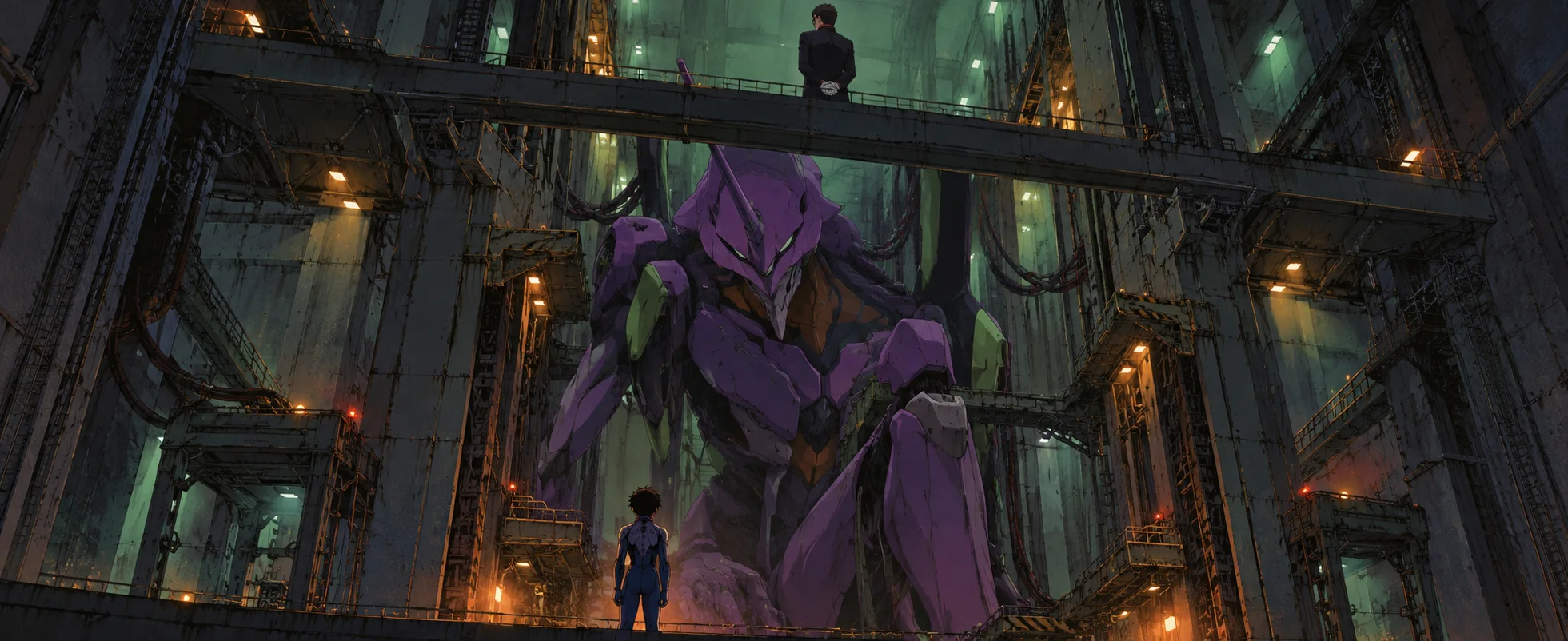 A boy in a plugsuit stands small at the foot of a giant purple armoured machine in its gantry, a figure watching from a high walkway.