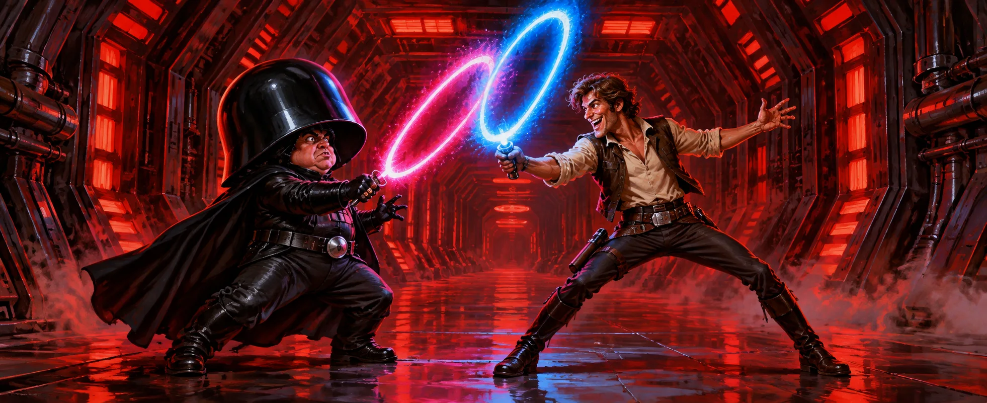 A tiny man in a huge black helmet and a rogue in a vest duel with glowing rings in a red-lit starship corridor.