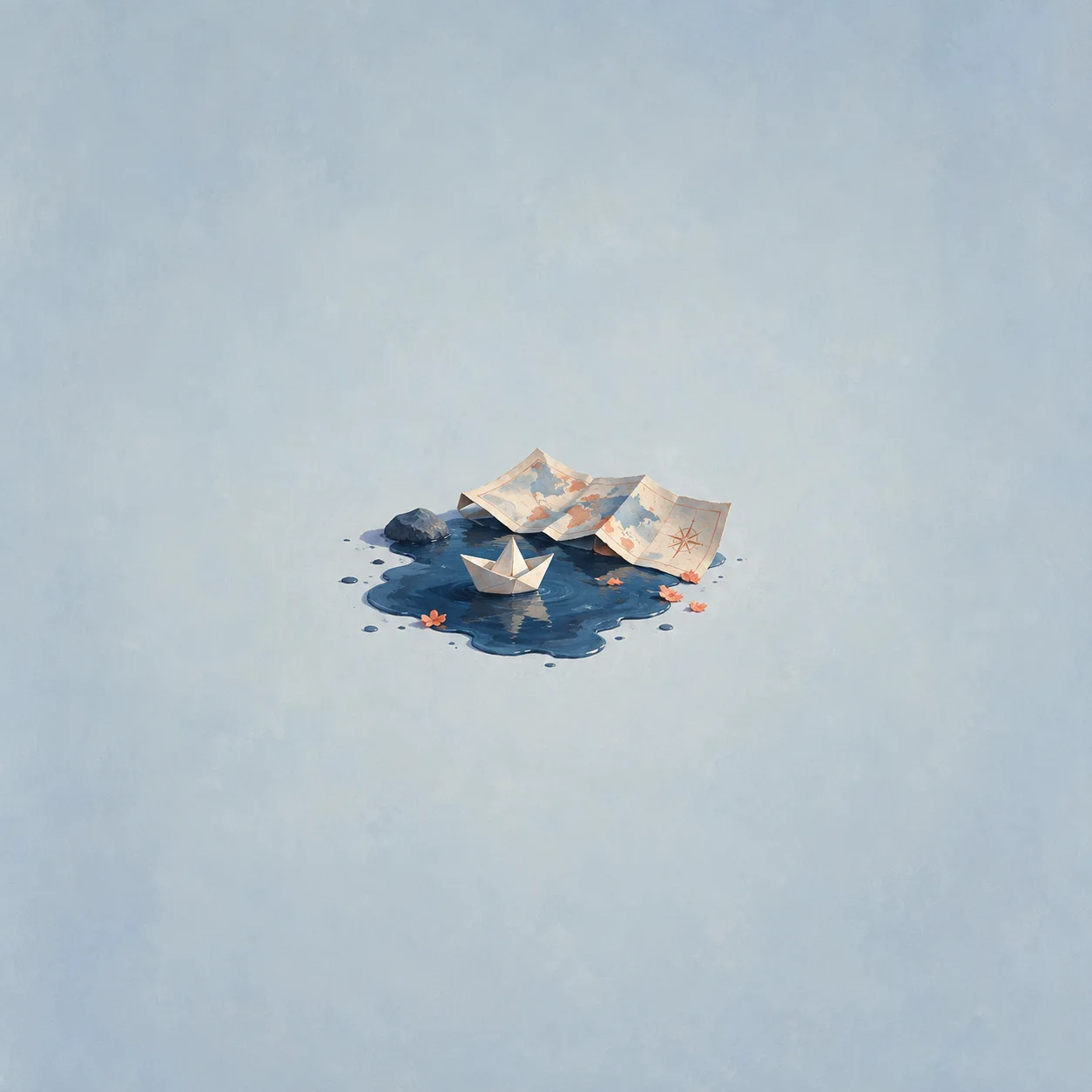 A paper boat floats in a blue puddle beside an unfolded, partly curled map.