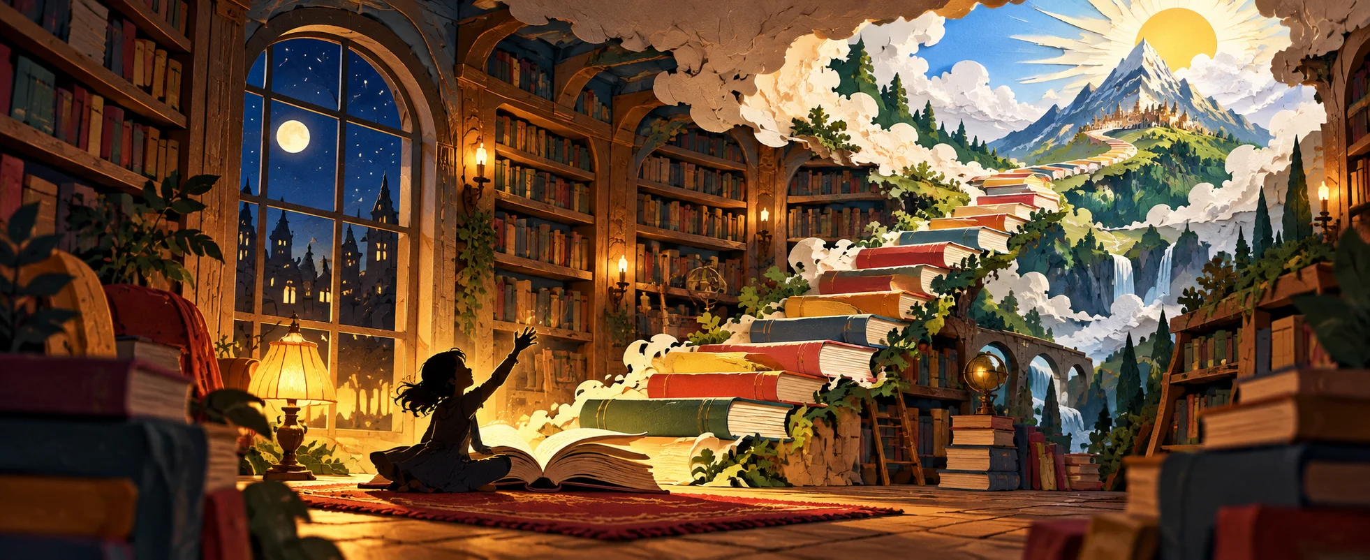 A child reading on a library floor reaches up as a staircase of colourful books rises from the open page toward a sunny mountain.