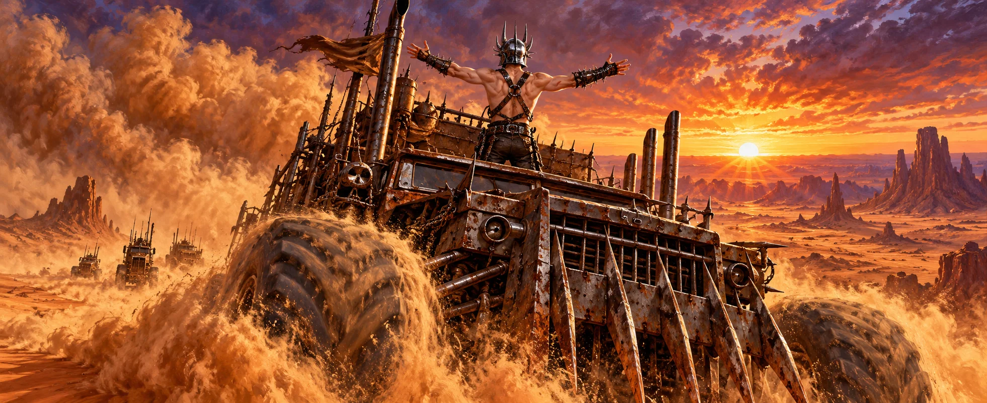 A pale war boy stands with arms spread on a spiked desert war rig ploughing through a dust storm at sunset.