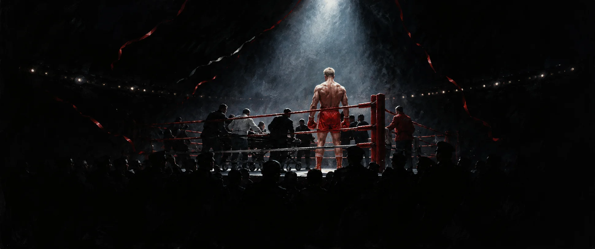 A lone giant boxer in red trunks stands in a spotlit ring above a dark, hushed crowd.