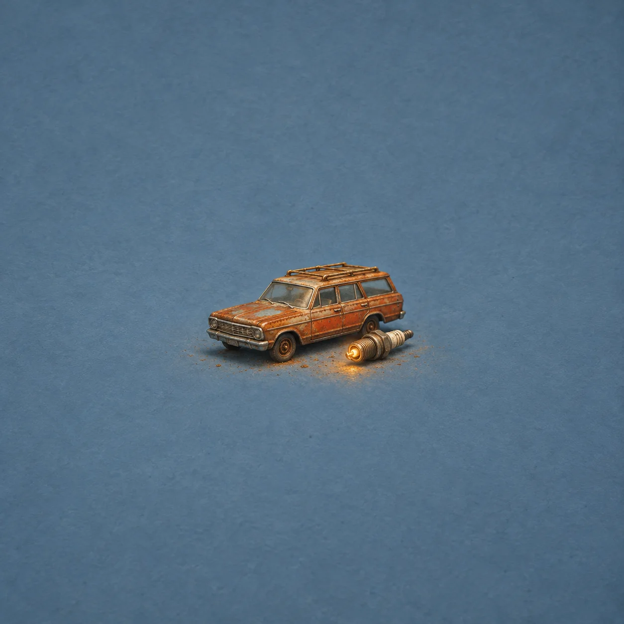 A rusty orange toy station wagon stands beside a spark plug on a blue surface.