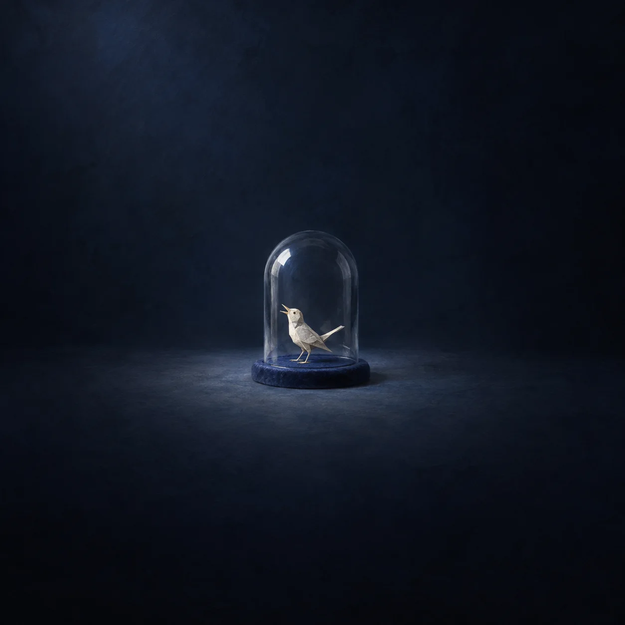 A small pale bird with an open beak stands beneath a glass bell jar on a dark blue base.