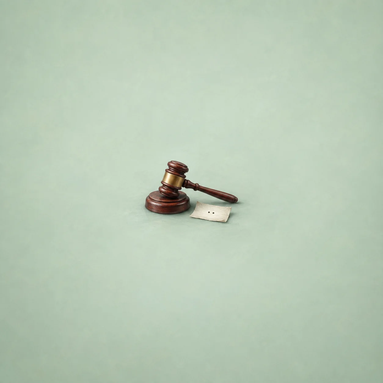 A small wooden gavel next to a short strip of paper with two dots on a mint green background.