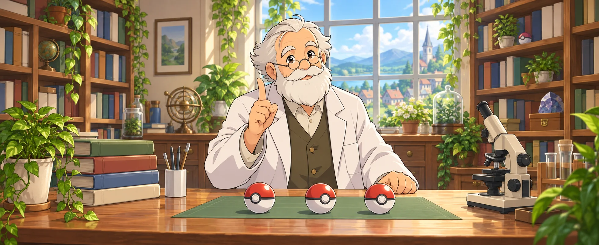 An old professor in a lab coat raises a finger at his desk beside three red-and-white capture balls.