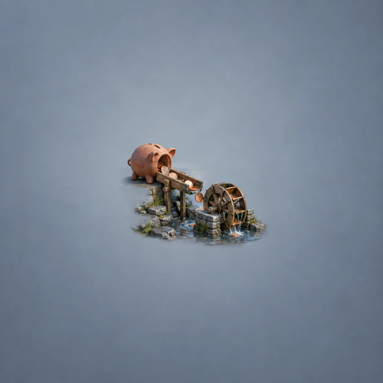 A clay piggy bank feeds coins along a wooden channel towards a small waterwheel among rocks and water.
