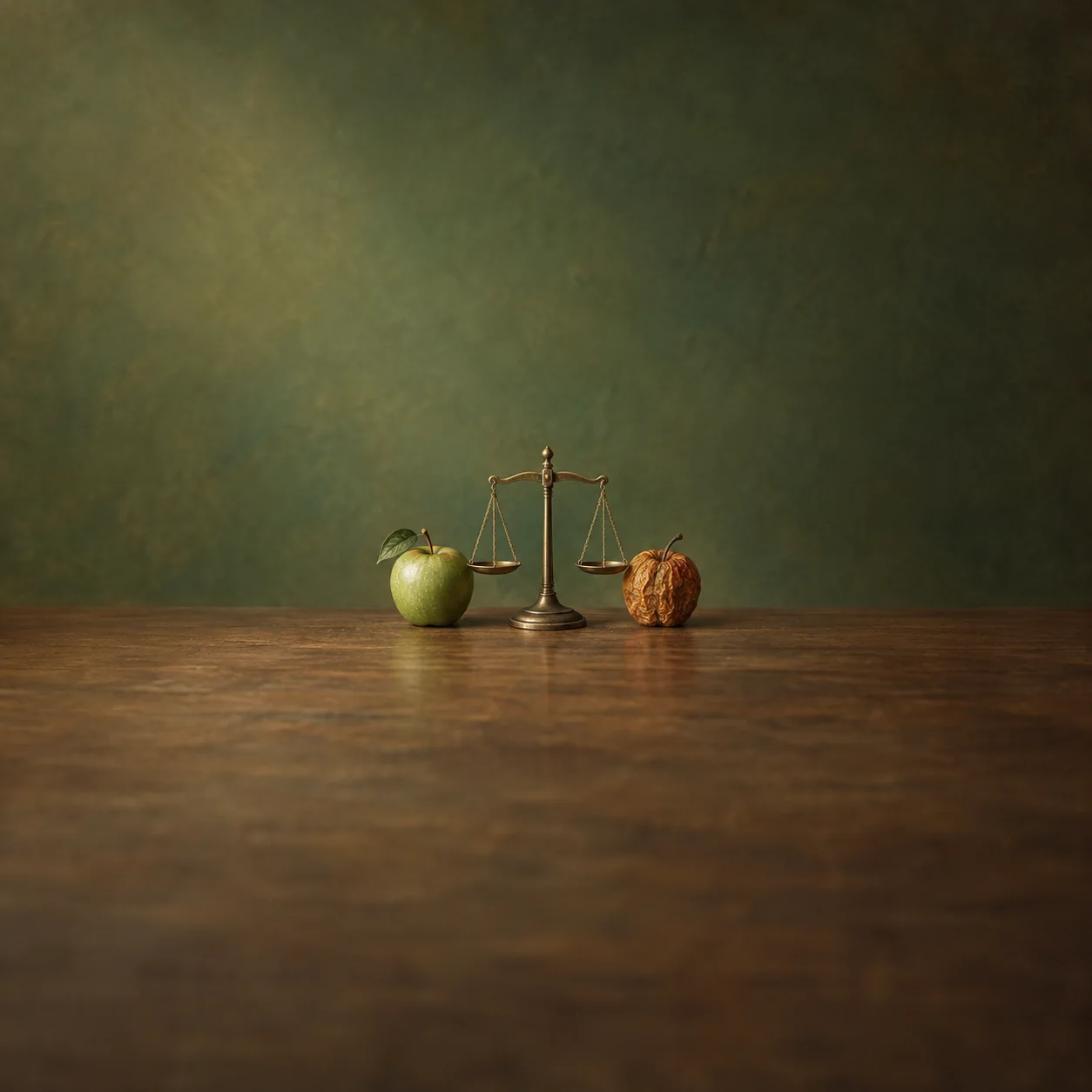 A fresh green apple and a shrivelled brown apple stand on either side of a small brass balance scale.