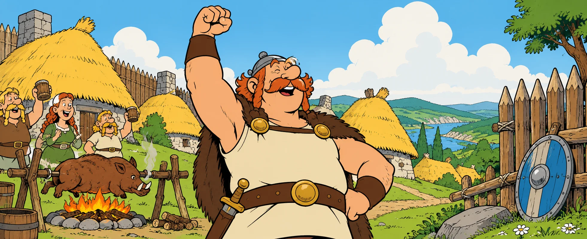 A burly moustached warrior in a winged helmet raises a fist in a thatched village as villagers roast a boar.