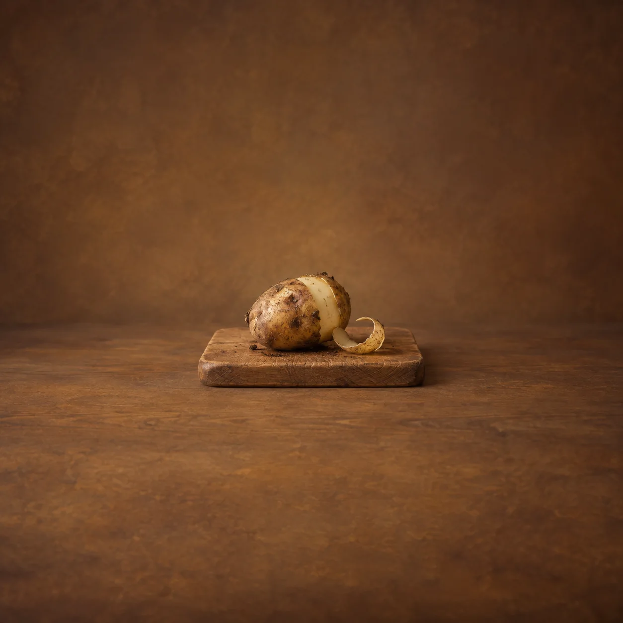 A partly peeled potato and a curl of skin rest on a wooden cutting board against a warm brown background.