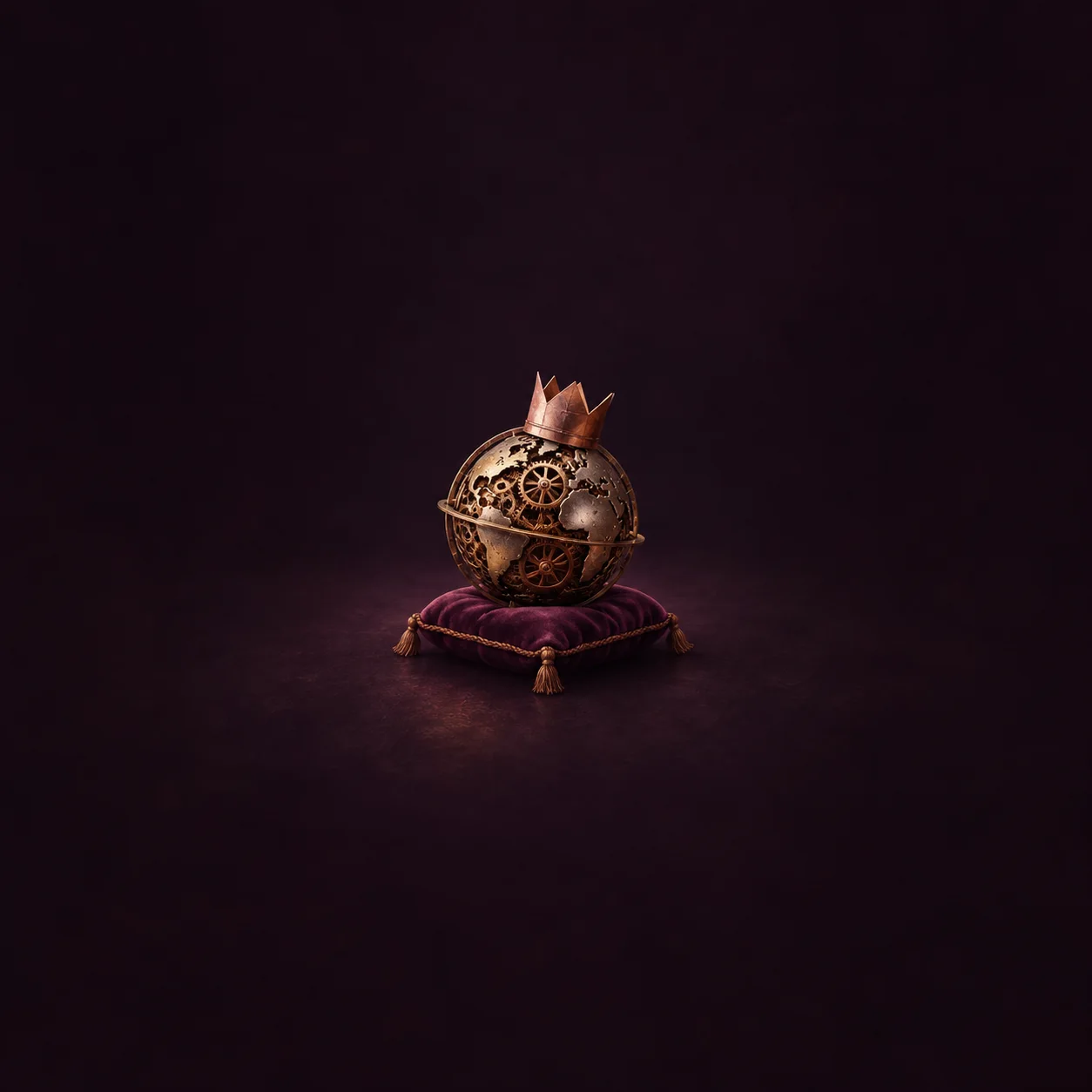 A small sphere of exposed brass gears wears a copper paper crown on a plum velvet cushion.