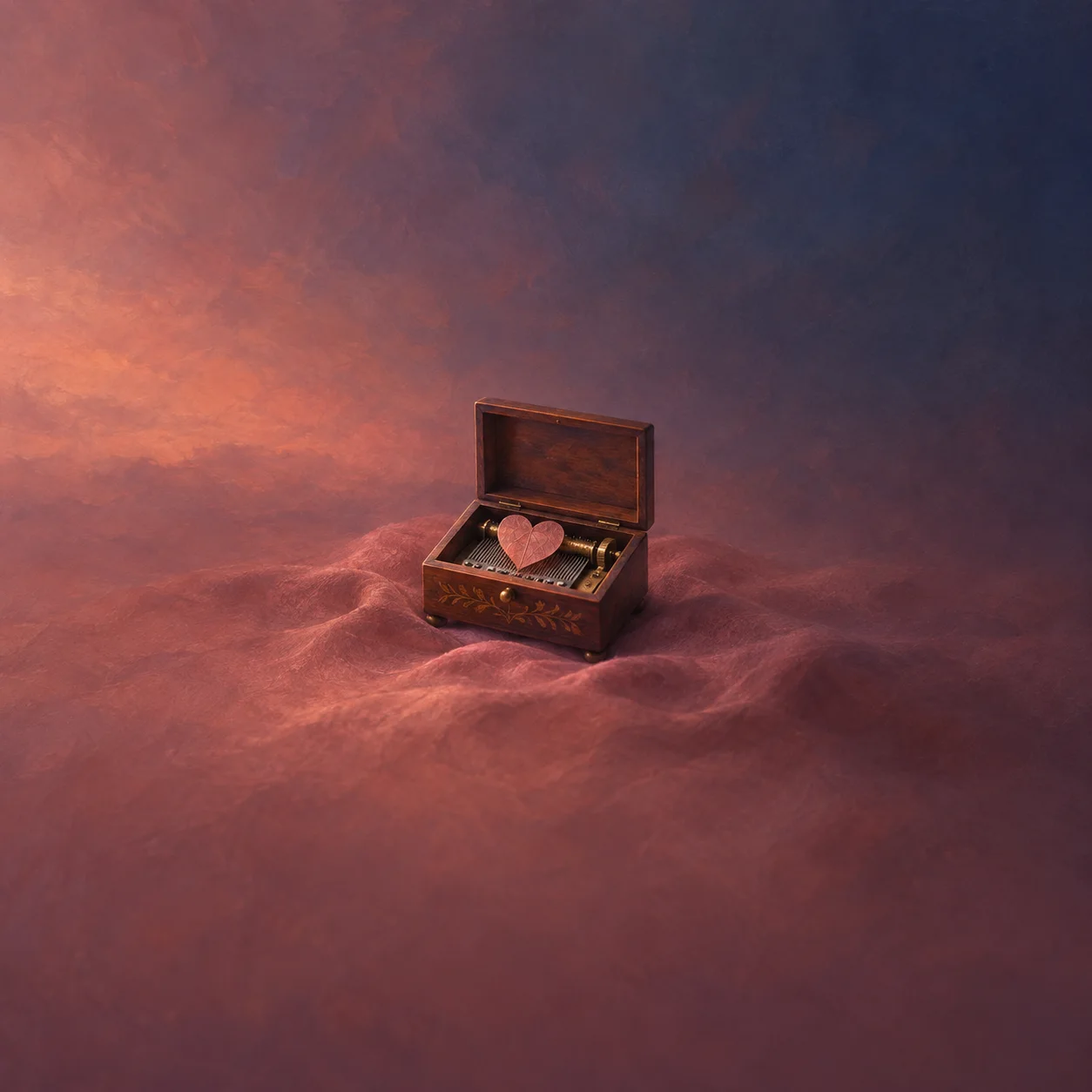 An open wooden music box holds a pink paper heart on rumpled rose cloth.
