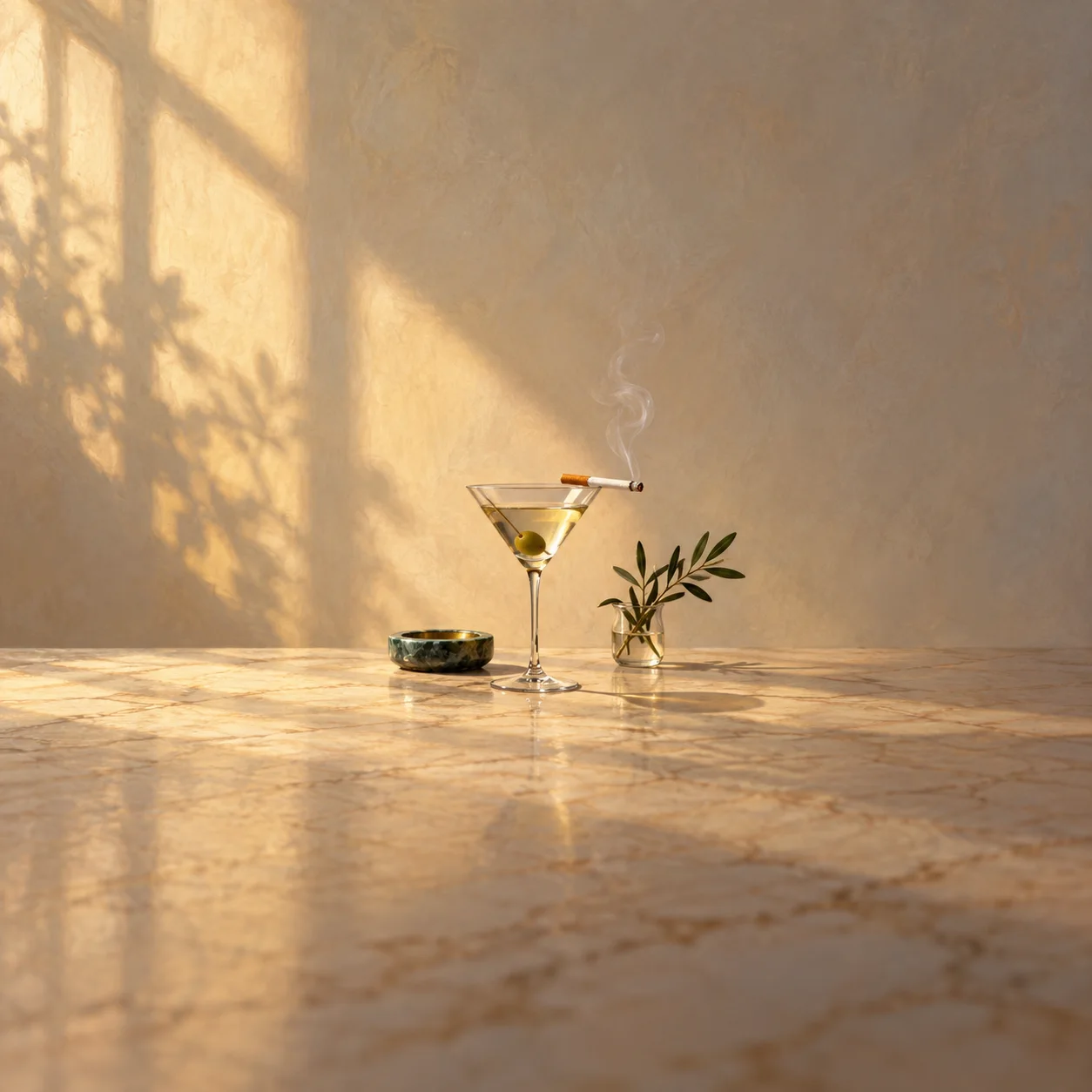 A smoking cigarette rests across a martini glass beside an ashtray and small leafy sprig in warm window light.
