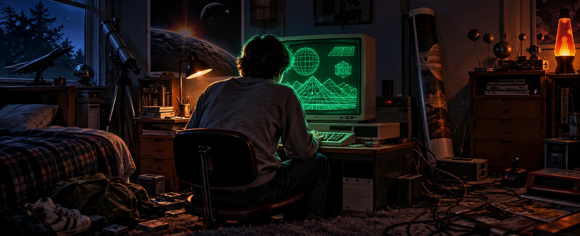 A teenager sits at a 1980s computer terminal glowing green in a cluttered bedroom at night.