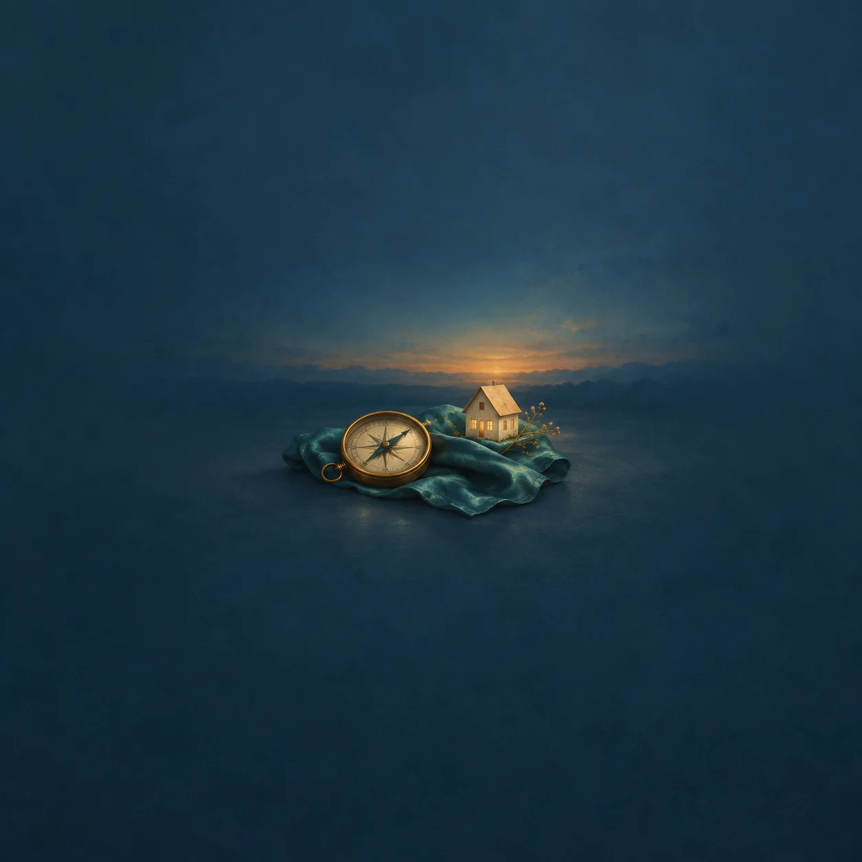 A brass compass and a small illuminated house resting on folded teal fabric beneath a dark blue sky.