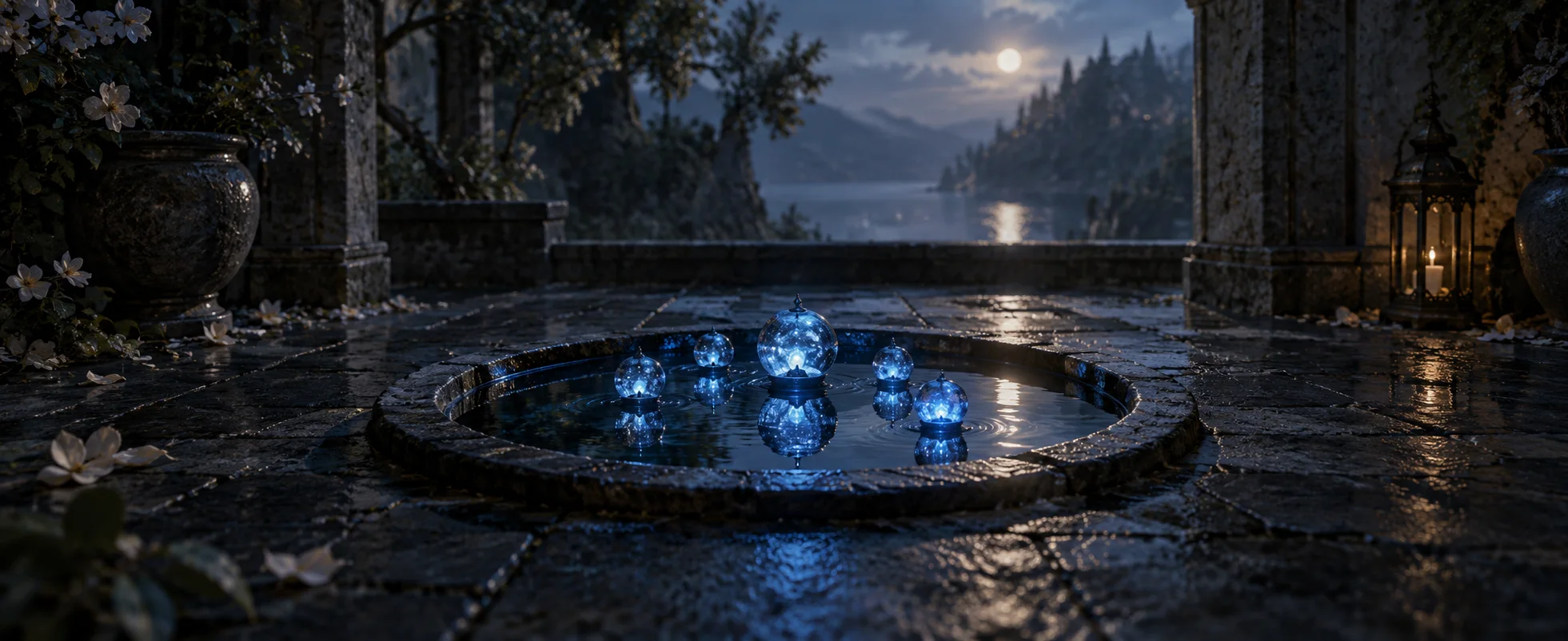 Several small blue lights reflect together in one still circular pool on a dark stone floor.