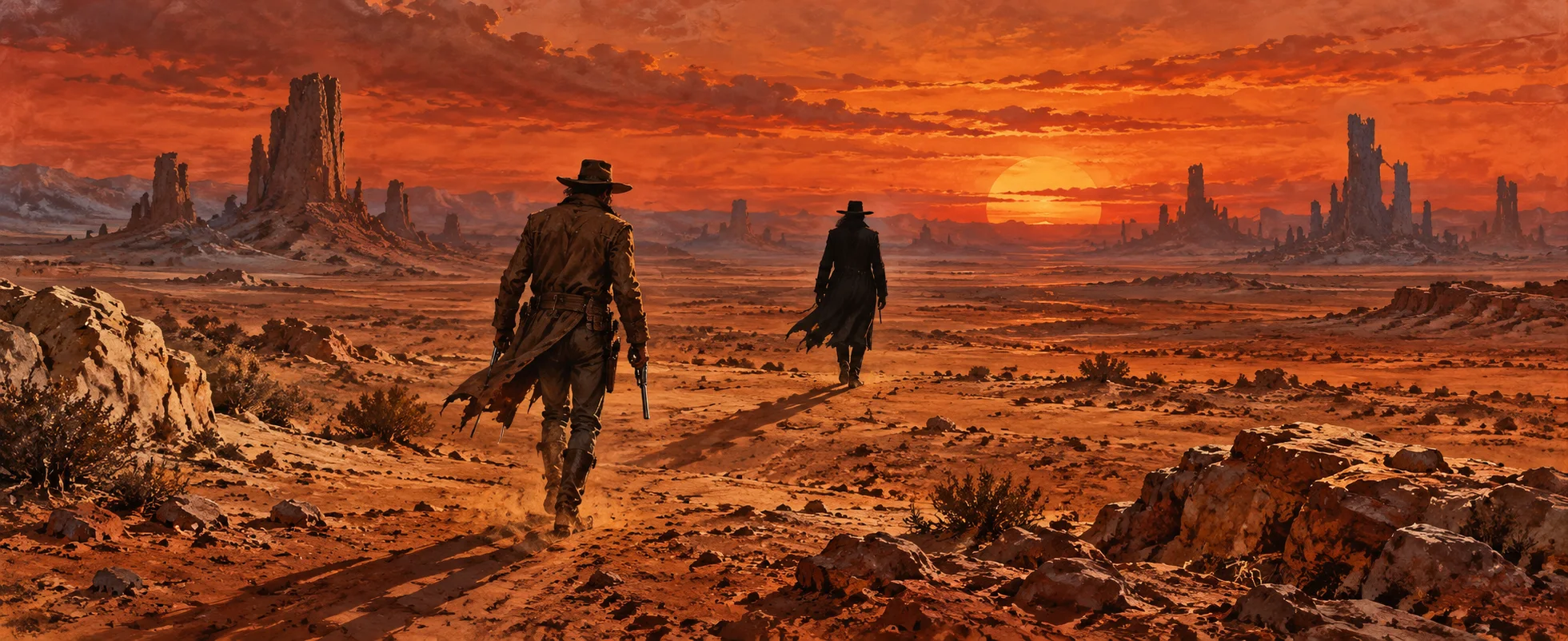 A gunslinger in a long coat follows a dark-clad figure across a red desert at sunset, ruined towers on the horizon.