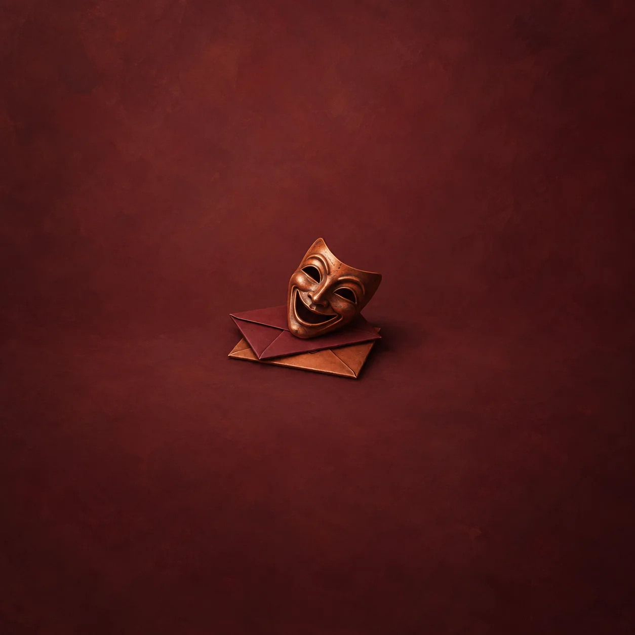 Crooked smiling theatrical mask on two blank sealed envelopes, maroon/copper