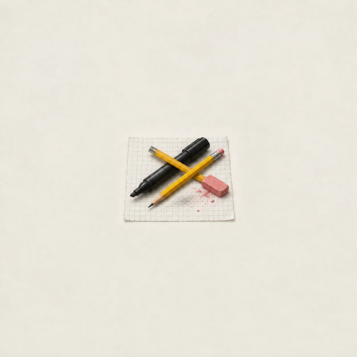 A black marker and a yellow pencil crossed over grid paper with a pink eraser beside a smudge.
