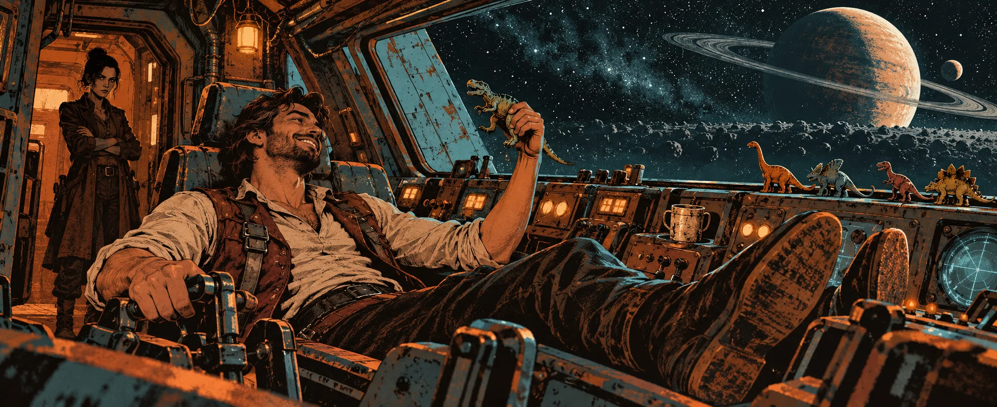 A grinning pilot lounges at a starship's controls with his boots up, holding a toy dinosaur, more toy dinosaurs on the dashboard and a ringed planet outside, a woman watching from the doorway.