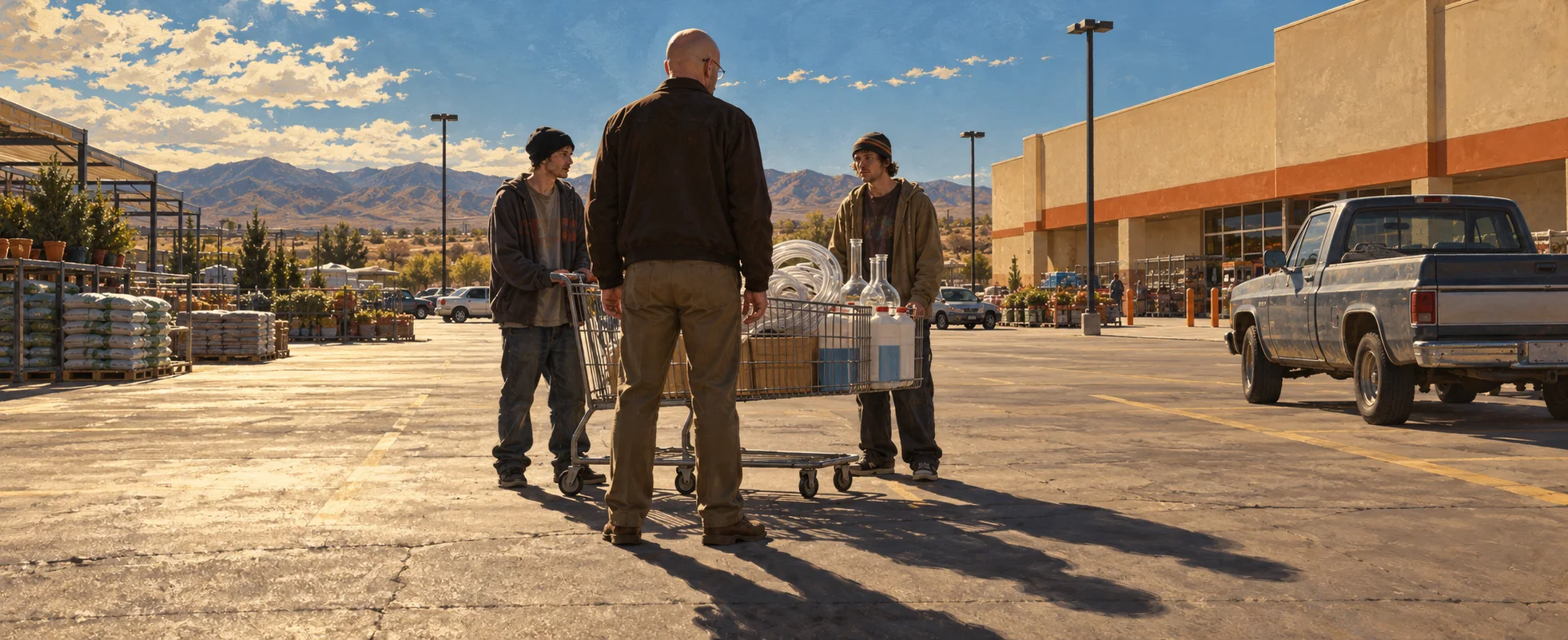 A bald man in a dark jacket stands over two young men and their trolley of chemicals in a sunny hardware-store car park, a pickup truck nearby.