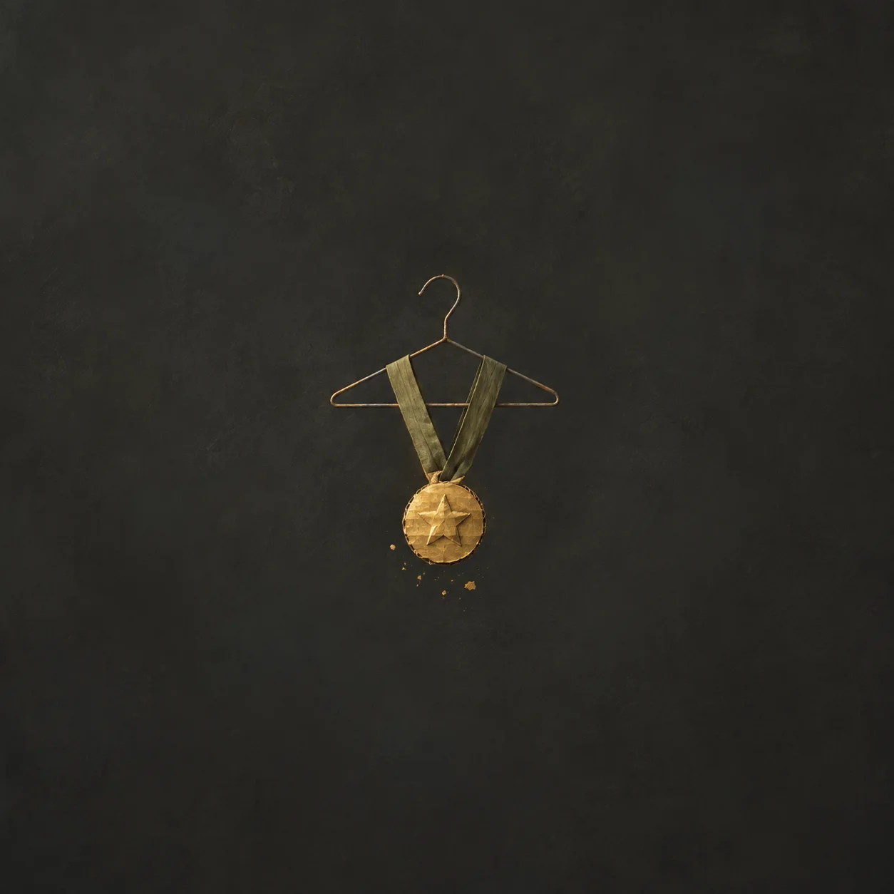A worn gold-coloured star medal hangs by a ribbon from a wire coat hanger against a dark background.