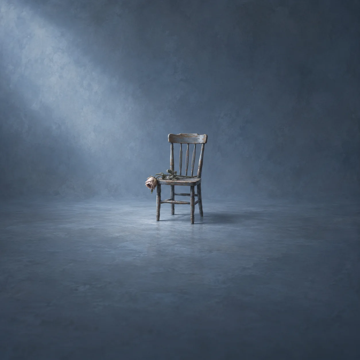 A wilted pale flower rests on an empty wooden chair in a softly lit blue room.