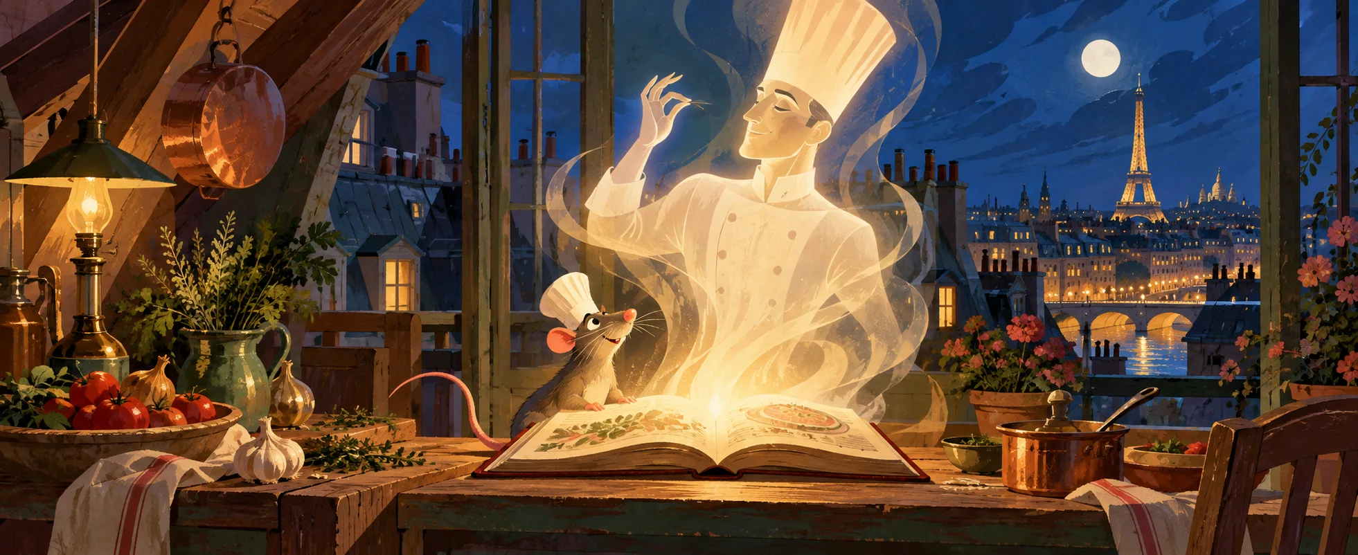 A small rat in a chef's hat gazes at a glowing cookbook as a ghostly chef rises from its pages in a Paris attic kitchen, the Eiffel Tower outside.
