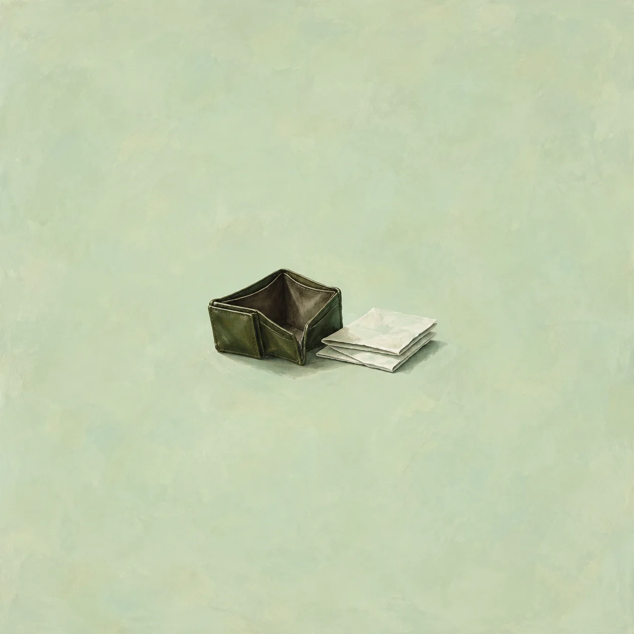 Inside-out empty olive wallet beside folded blank pale mint sheets
