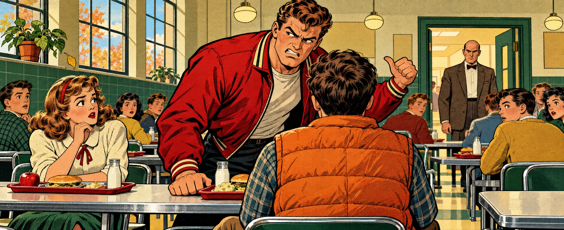 A 1950s school lunchroom in comic-book halftone: a bully in a red jacket leans over a teenager in an orange body-warmer and jerks his thumb toward the exit, glancing at a stern bald teacher in a bow tie at the far door, while a schoolgirl looks on and a leaf drifts down from a window plant.