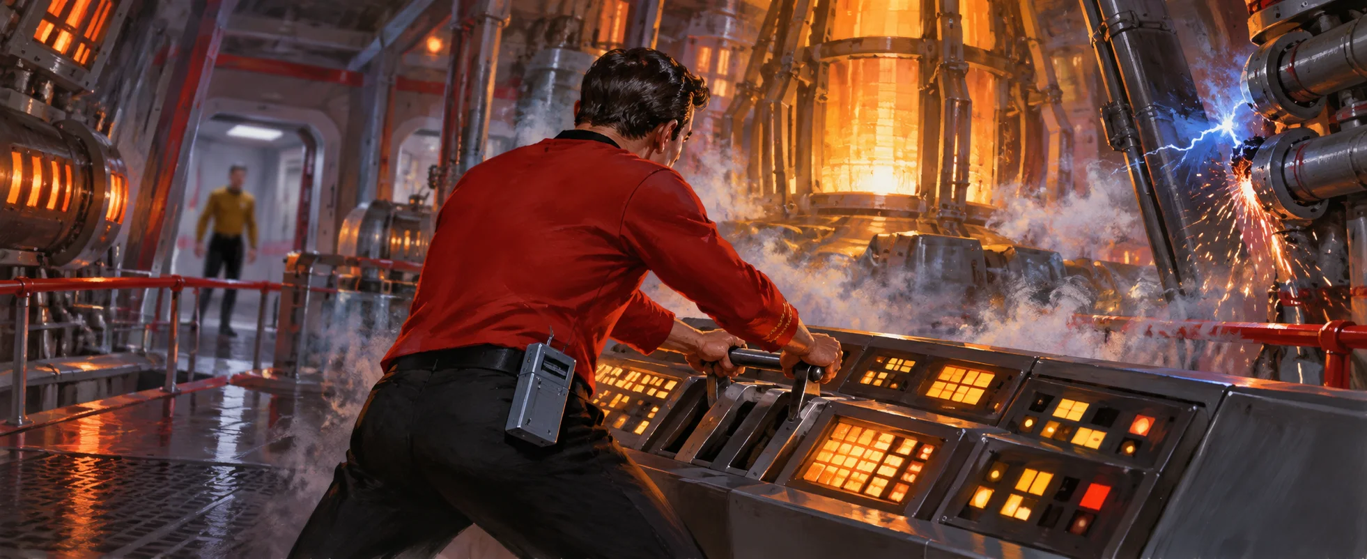 Painted illustration of a starship engineer in a red tunic braced at a sparking control console in a smoky engine room, the glowing core behind him.
