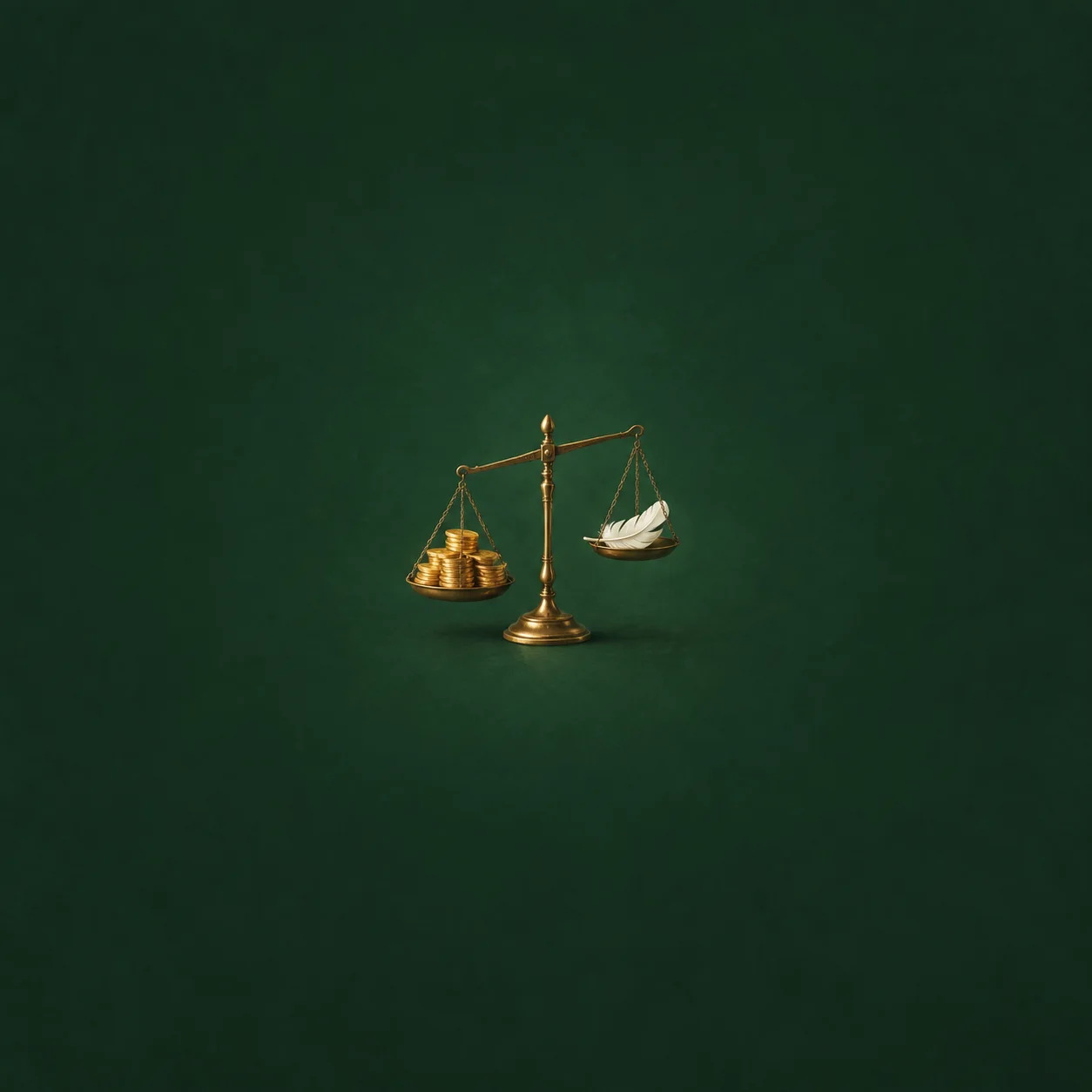 A brass balance scale with a pile of gold coins outweighing a small white porcelain feather on a deep green background.