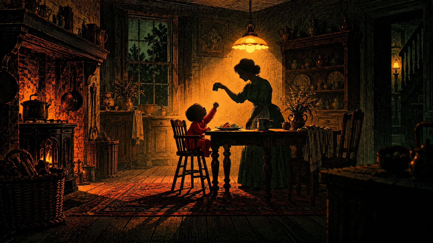 Cartoon: a mother spoons food towards a baby in a high chair in a dark, firelit kitchen.