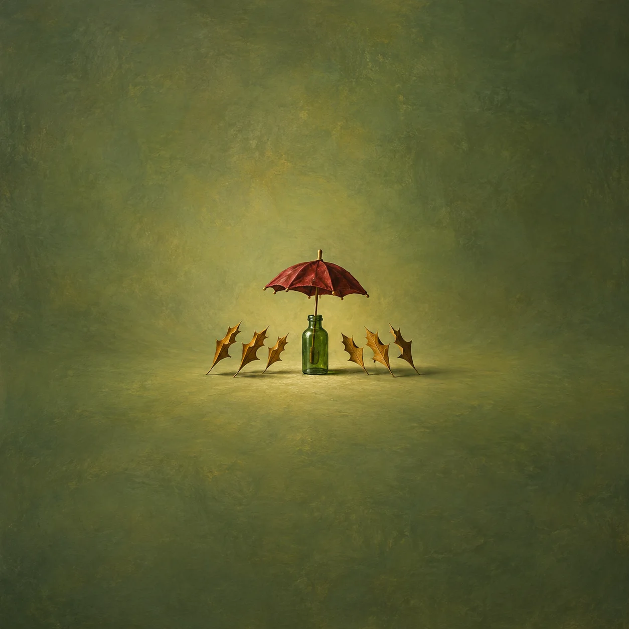 A tiny red umbrella shelters a green glass bottle surrounded by pointed golden paper shapes.