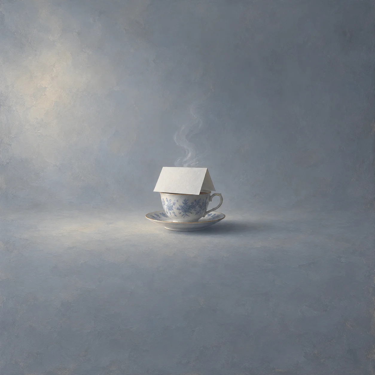 A blank folded sheet of paper rests across a teacup and saucer in cool blue-grey light.