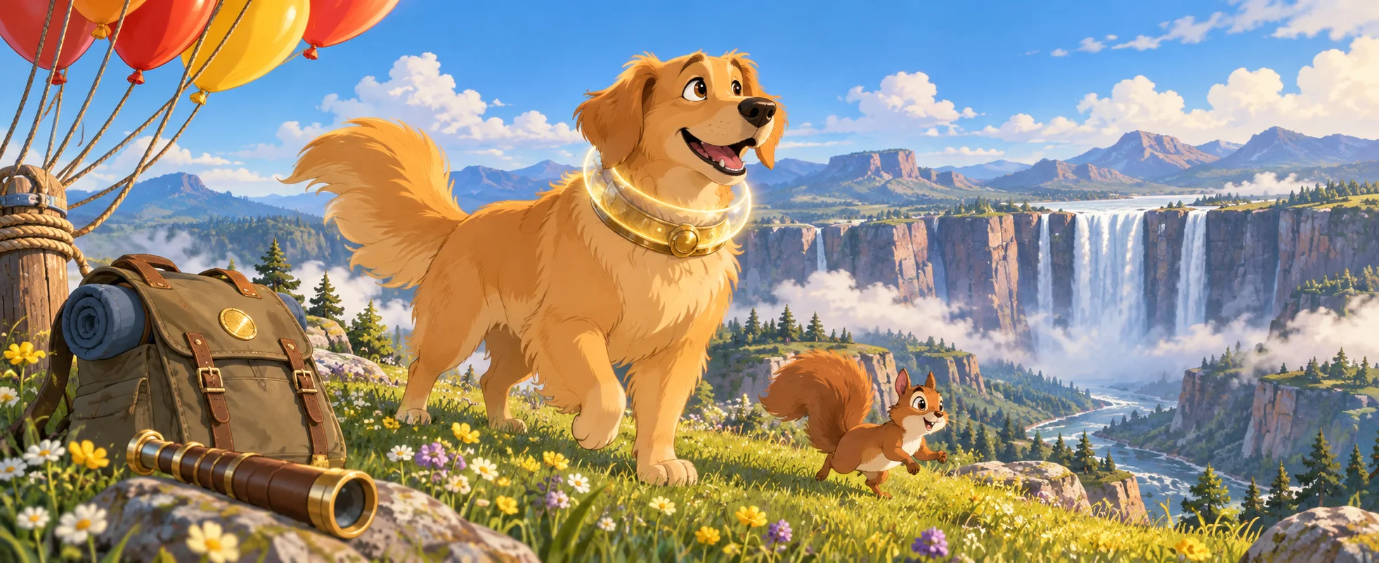 A golden retriever with a glowing collar bounds across a mountain meadow above a waterfall, a squirrel darting nearby.