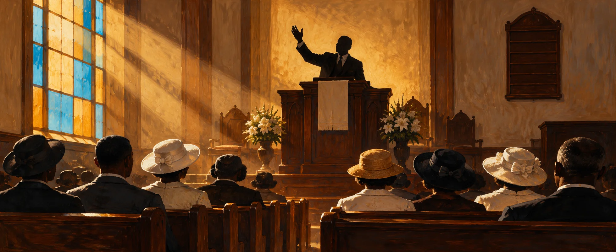 A preacher raises his hand at the pulpit of a sunlit church, worshippers in Sunday hats in the pews.