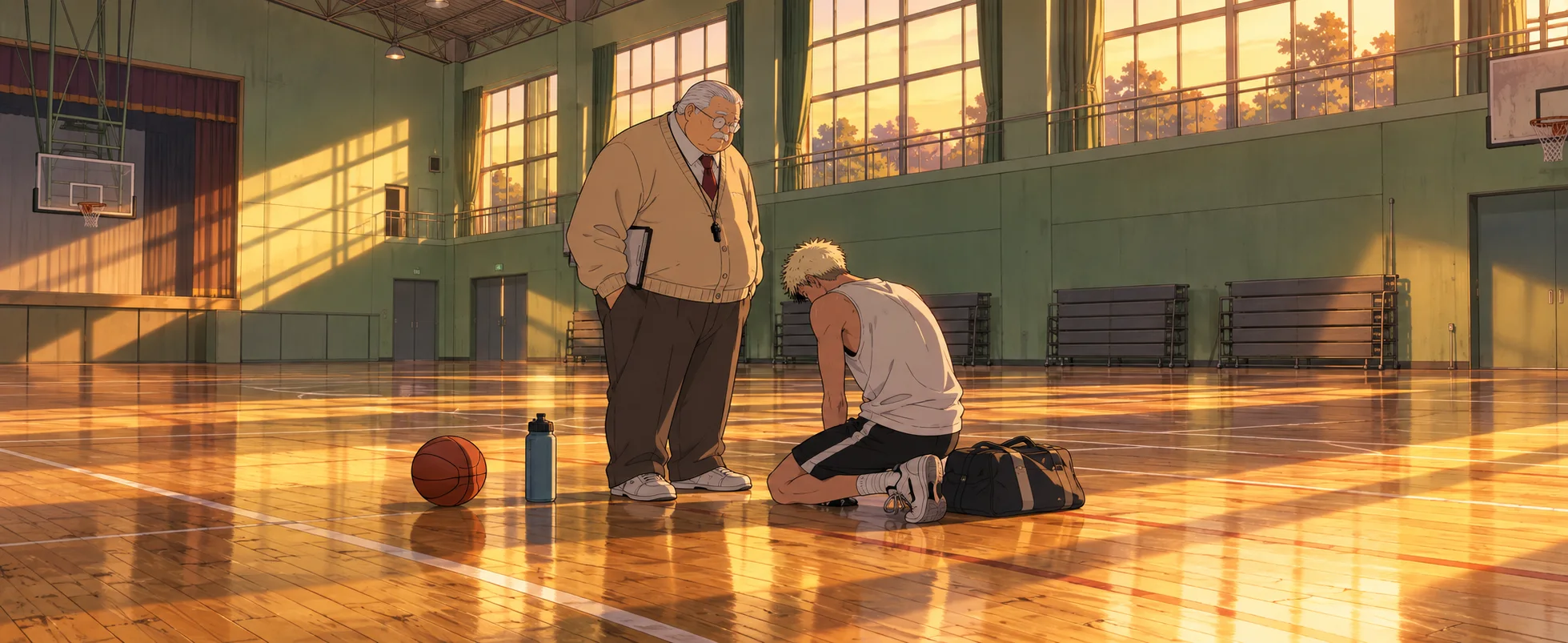 A plump, white-haired old coach in glasses stands in a sunlit empty gym as a teenage player kneels before him, head bowed.
