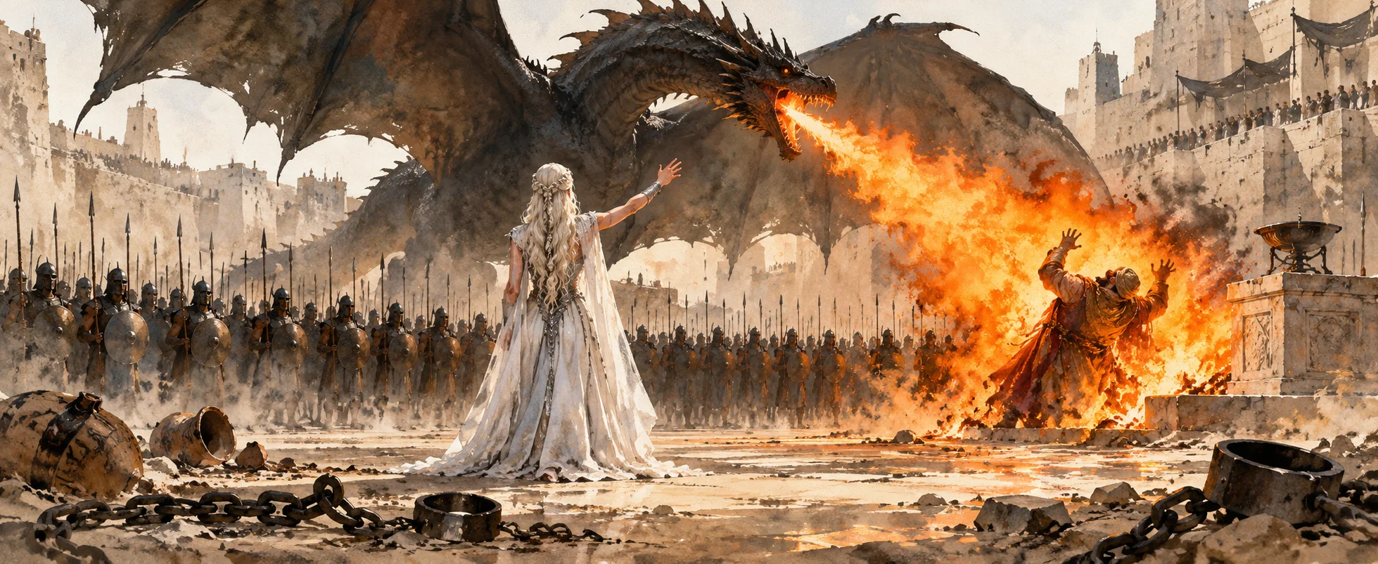 A silver-haired queen in white raises her hand as a great dragon breathes fire on a slaver in a dusty square lined with ranks of armoured soldiers.