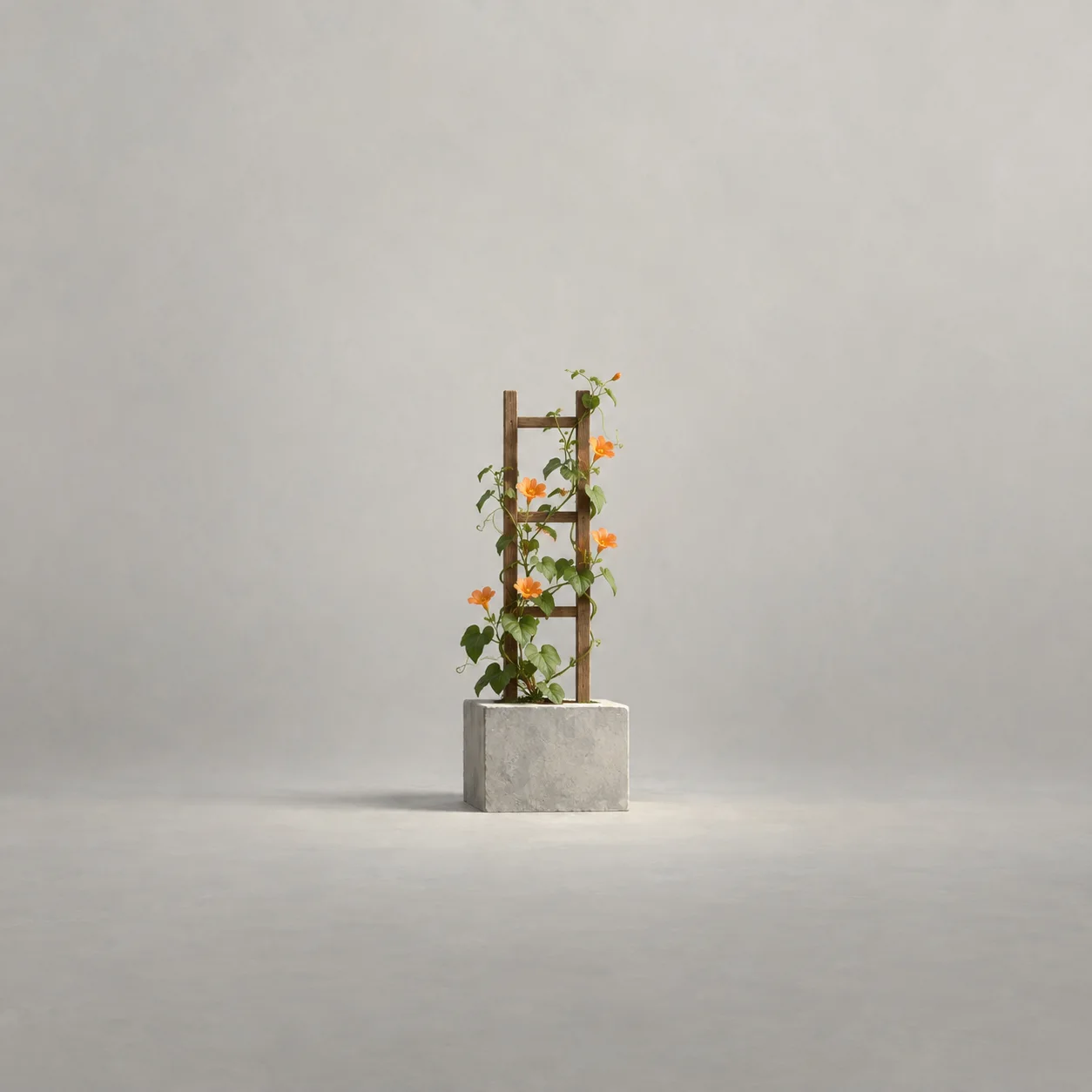 A small wooden trellis with a green vine and orange flowers climbing it, standing on a grey plinth.