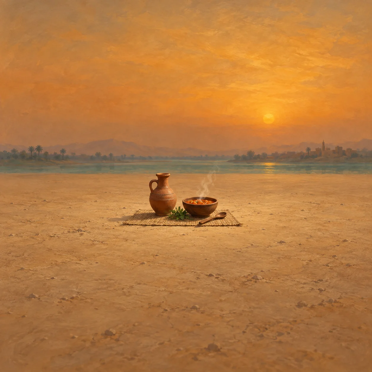 A clay water jug and a wooden bowl of red-orange stew on a mat, with a distant painted teal river and ochre sky.