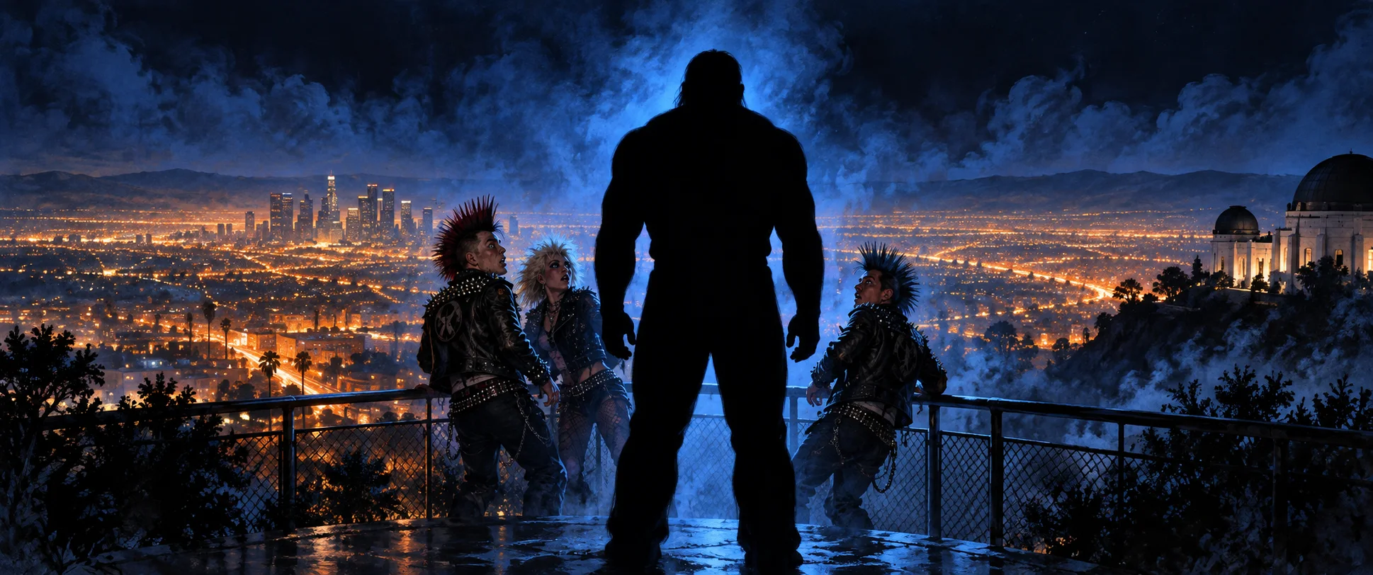 Three punks at an observatory railing above the city lights turn toward a huge figure seen only as a dark silhouette.