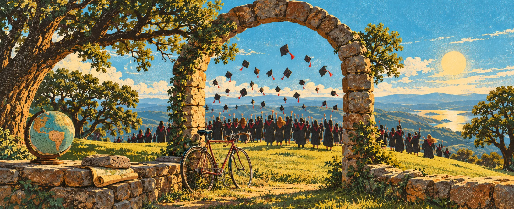 Graduates' caps fly into a blue sky beyond a stone arch on a sunlit hilltop lawn, a bicycle and a globe resting by the wall.