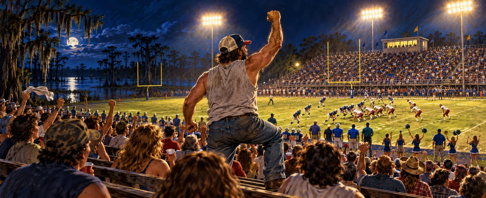 A scruffy man in a trucker cap stands on a bleacher bench with his fist raised at a floodlit small-town football game.